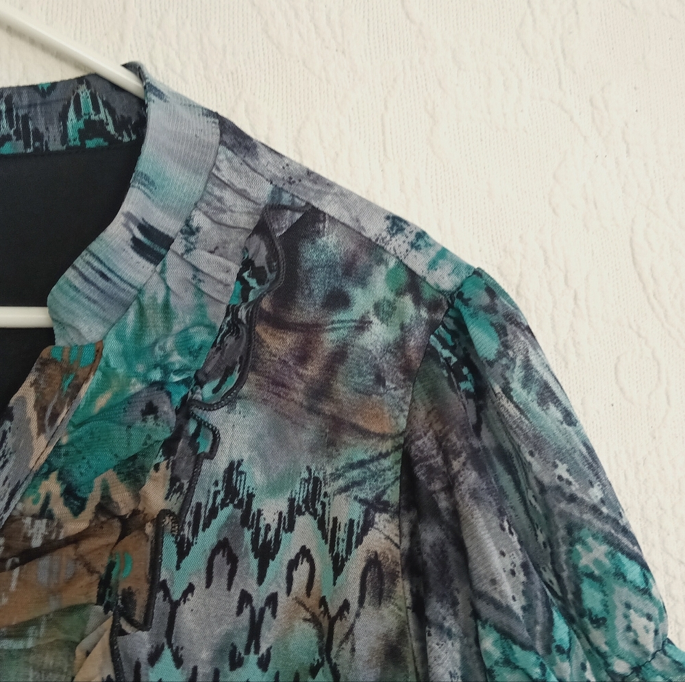 Elementz Cute Turquoise Blouse Ruffle Flowy Button Down Cap Sleeves Western Boho - Picture 7 of 11